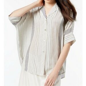Eileen Fisher 100% Silk Striped Short-Sleeve Button Up Blouse / Top • Size M